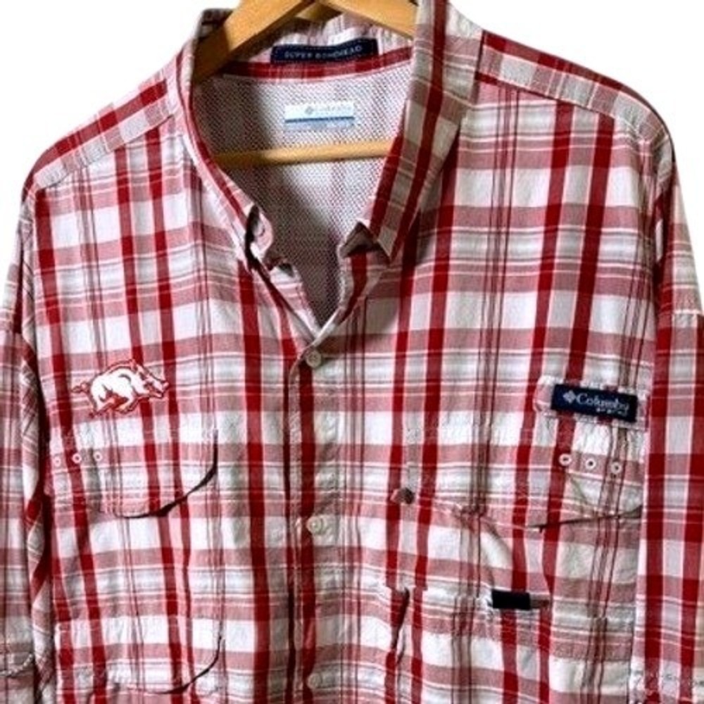 Columbia Arkansas Razorbacks Shirt Mens 2XL Red Plaid Super Bonehead PFG LS - Picture 4 of 11